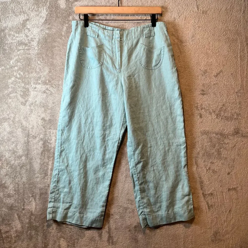 J. Jill 100% Linen Cropped Pants Size 10 Petite Blue Casual Beachy Coastal